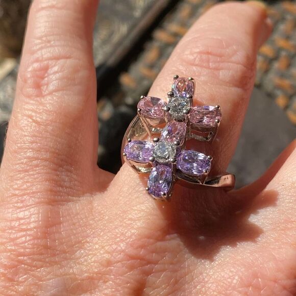 Double Flower Cz Heavy Sterling Silver Ring 2009 Era - Picture 5 of 11